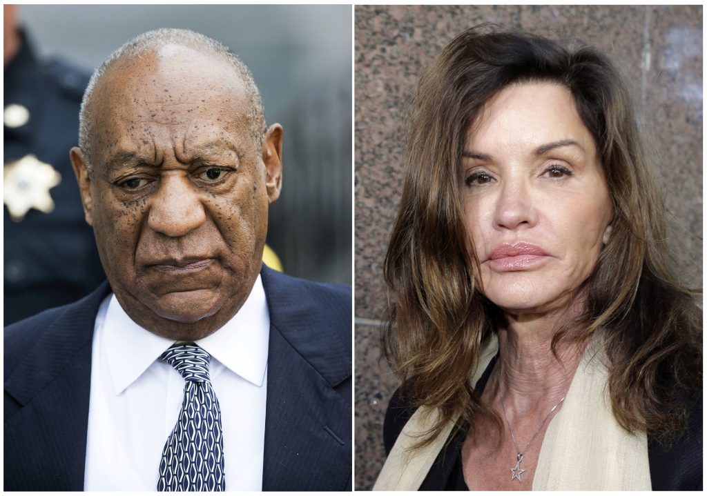People-Bill Cosby This combination of file photos shows Bill Cosby leaving Montgomery County Courthouse after a hearing in his sexual assault case in Norristown, Pa., on Aug. 22, 2017, left, and model Janice Dickinson leaving Los Angeles Superior Court after a judge ruled her defamation lawsuit against Bill Cosby on March 29, 2016. Prosecutors have revealed that Dickinson is one of the five additional accusers they plan to have testify at Cosby’s sexual assault retrial. Prosecutors listed Dickinson in a letter informing Judge Steven O’Neill which women they planned to call at Cosby’s April 2, 2018, retrial on charges he drugged and molested a woman in 2004. The letter was made public Wednesday, March 28 as an appeals court rejected Cosby’s bid to challenge O’Neill’s decision allowing the women to testify. (AP Photo, Files)