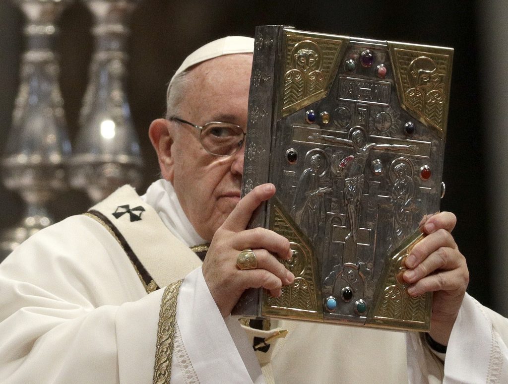 Vatican Pope Chrism Pope Francis celebrates a Chrism Mass inside St. Peter's Basilica, at the Vatican, Thursday, March 29, 2018. During the Mass the pontiff blesses a token amount of oil that will be used to administer the sacraments for the year. (Gregorio Borgia/AP Photo)
