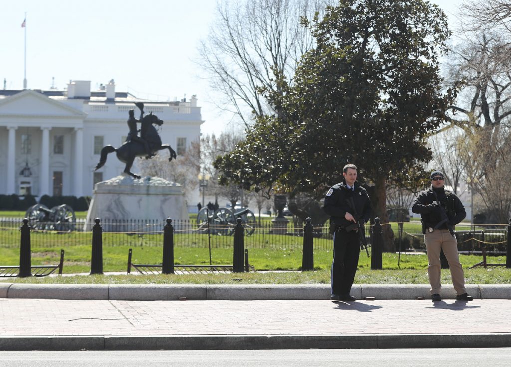 Tomas Satoransky,Kyle Lowry Law enforcement officers at Lafayette Park across from the White House in Washington, take up positions as they close the area to pedestrian traffic, Saturday, March 3, 2018. The Secret Service says a man shot himself outside the White House, and medical personnel are on the scene. President Donald Trump is not at the White House, he's in Florida, but is set to return later Saturday. The agency says in a Twitter post that there are no other reported injuries related to the incident. (Pablo Martinez Monsivais/AP Photo)