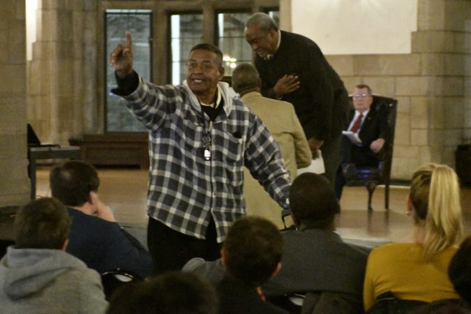 Community members, activist and students shut down a town hall meeting about the proposed $130 million, 35,000 seat stadium on Temple's campus, on Tuesday. (Bastiaan Slabbers/for WHYY)