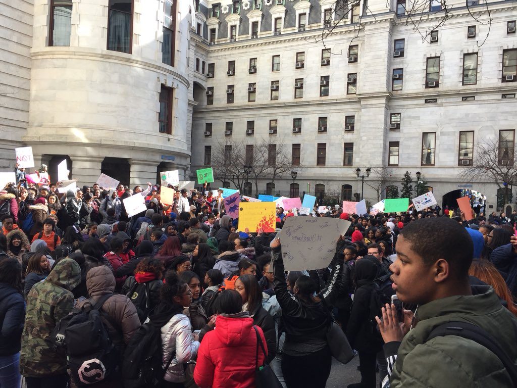Students fill the courtyard at Philly City Hall during the walkout.