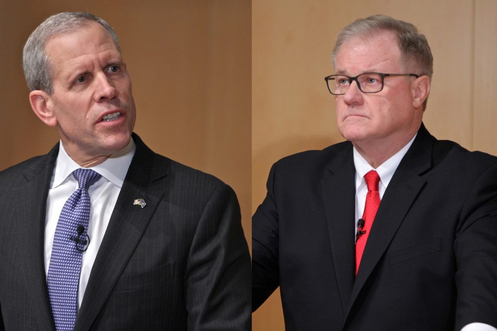HYYELmangowagnerx1200 Republican candidates for governor of Pennsylvania, Paul Mango, (left), and Scott Wagner, (right), participate in a debate at the National Constitution Center. (Emma Lee/WHYY, file)