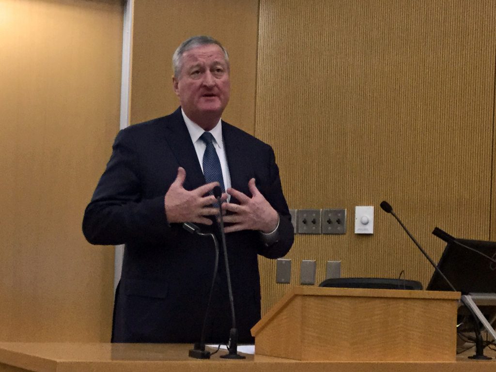 HYYKGkenneytemplex1200 Philadelphia Mayor Jim Kenney speaks Wednesday during a forum with representatives of the American Pain Association at Temple University’s Katz School of Medicine. The event was part of a national tour to highlight causes — and solutions — to the opioid epidemic. (Kyrie Greenberg/WHYY)