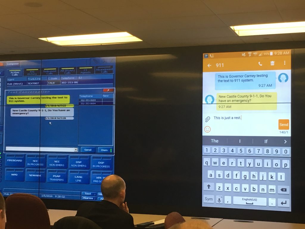 Text to 911 Delaware leaders unveil the state's new text-to-911 system at the New Castle County 911 center. (Mark Eichmann/WHYY)