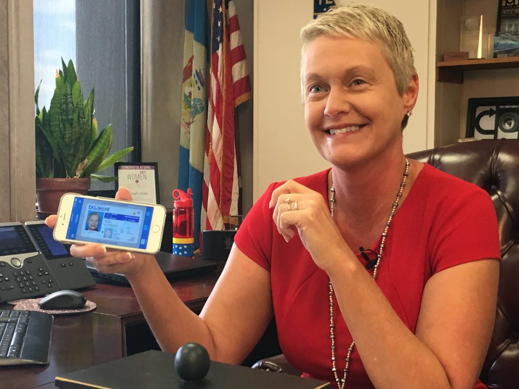 Digital drivers license DelDOT Secretary Jennifer Cohan shows her digital driver's license on her cellphone. (Mark Eichmann/WHYY)