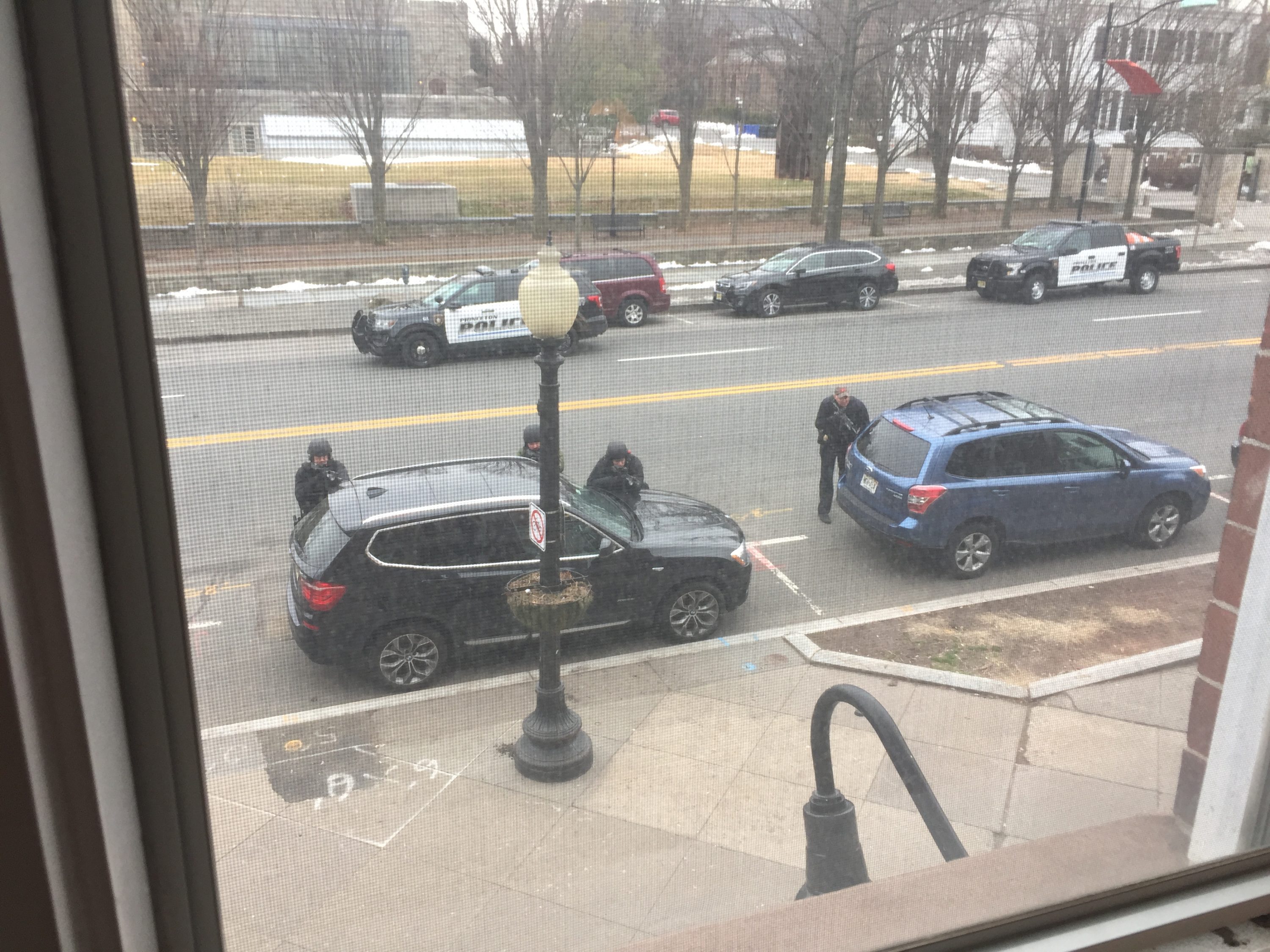The view from the second floor, above the Panera, as police show up on the scene.