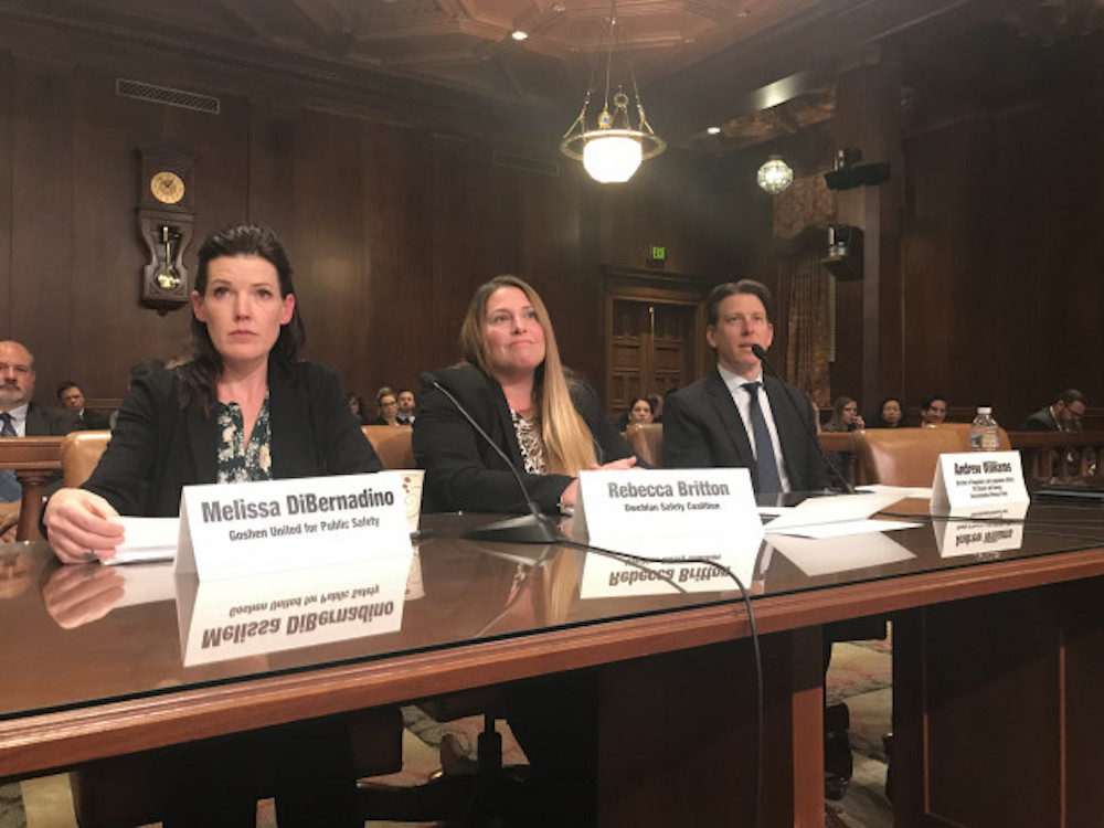 From left to right: Melissa DiBernadino, Goshen United for Public Safety, Rebecca Britton, Uwchlan Safety Coalition, and Andrew Williams, Environmental Defense Fund, testified Tuesday at a joint senate hearing on pipeline safety.