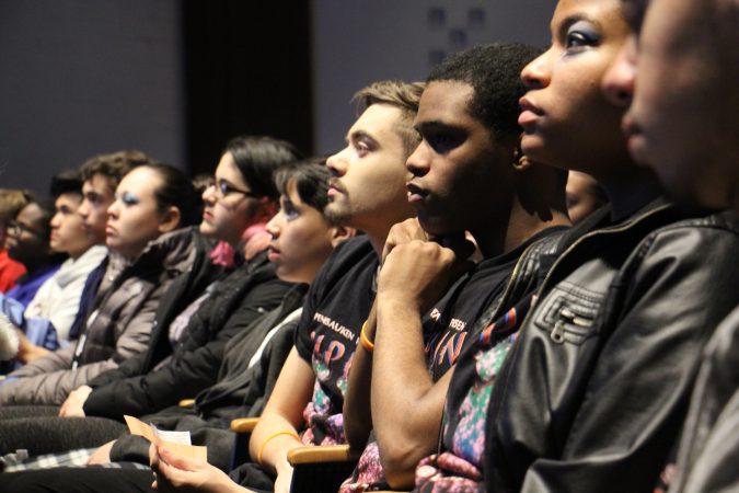 Pennsauken High School students attend an assembly in honor of the Parkland School shooting victims that was both a remembrance and a call to action. (Emma Lee/WHYY)