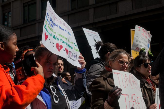 Students from Science Leadership Academy Beeber Campus and other demonstrators participate in the March for Our Lives in Washington D.C Saturday. (Brad Larrison for WHYY)
