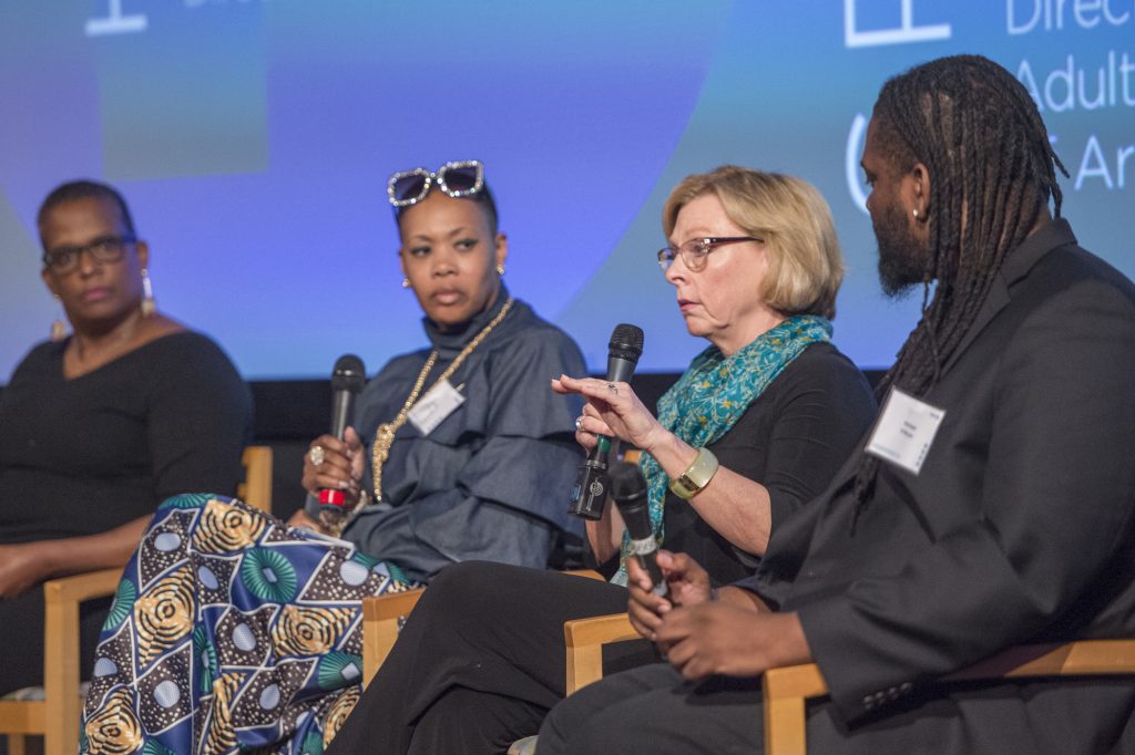 MOVEMENT-3 Marci Hamilton addresses questions from audience members during a panel discussion on workplace harassment and the #MeToo movement. From left are Annette John-Hall, Lynette Medley, Marci Hamilton and Michael O'Bryan. (Jonathan Wilson/for WHYY)