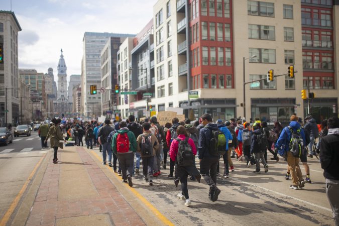 Philadelphia students participate in a national school walkout commemorating the one month anniversary of Parkland, Fl. high school shooting