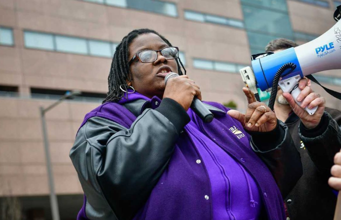 Screen Shot 2018-03-14 at 12.07.10 PM Charnel Brownlee participates in a Workers' Freedom March to protest efforts to weaken America's working families. The Feb. 24 march was one of 300 similar actions at works sites across the nation (SEIU 32BJ)