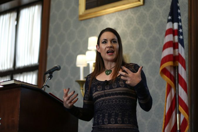 Jen Welter, the first woman to join an NFL team's coaching staff, addressed the crowd at a Women’s Leadership Luncheon hosted by City Year Philadelphia (Angela Gervasi/for WHYY)