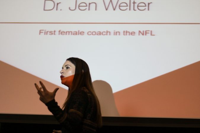 Jen Welter, the first woman to join an NFL team's coaching staff, addressed the crowd at a Women’s Leadership Luncheon hosted by City Year Philadelphia (Angela Gervasi/for WHYY)