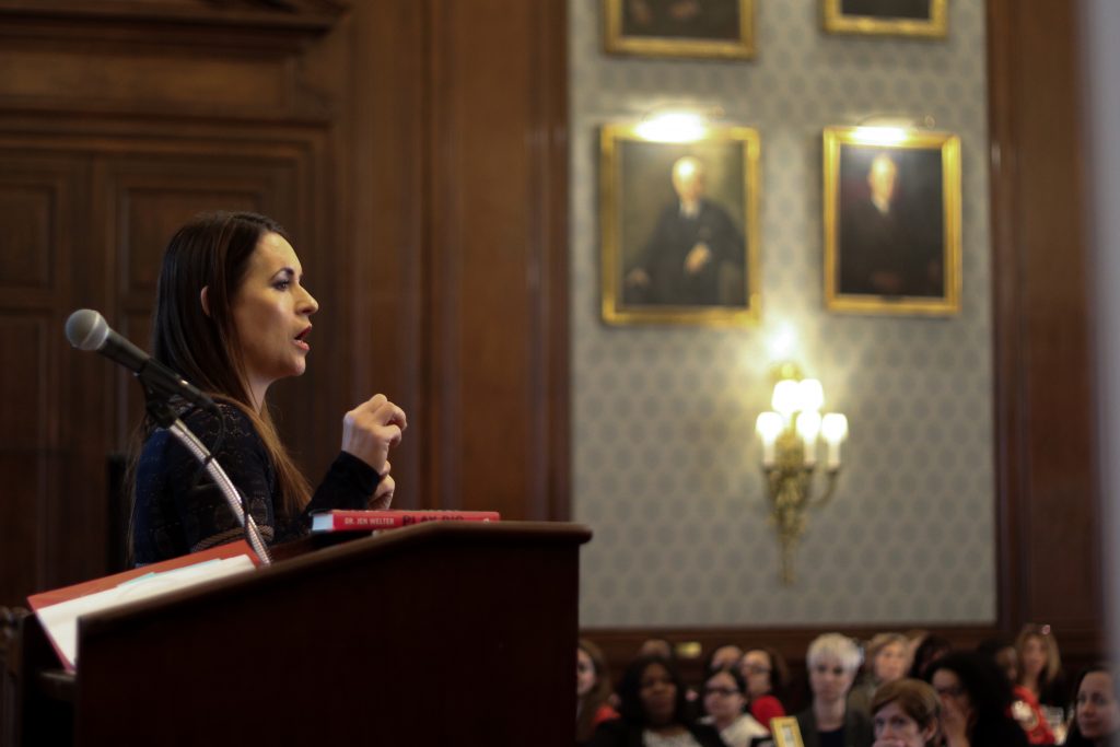 Welter6 Jen Welter, the first woman to join an NFL team's coaching staff, addressed the crowd at a Women’s Leadership Luncheon hosted by City Year Philadelphia (Angela Gervasi/for WHYY)