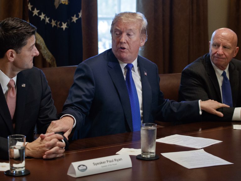 In this Nov. 2, 2017, photo, President Donald Trump speaks during a meeting on tax policy with House Speaker Paul Ryan and Ways and Means Committee Chairman Kevin Brady.