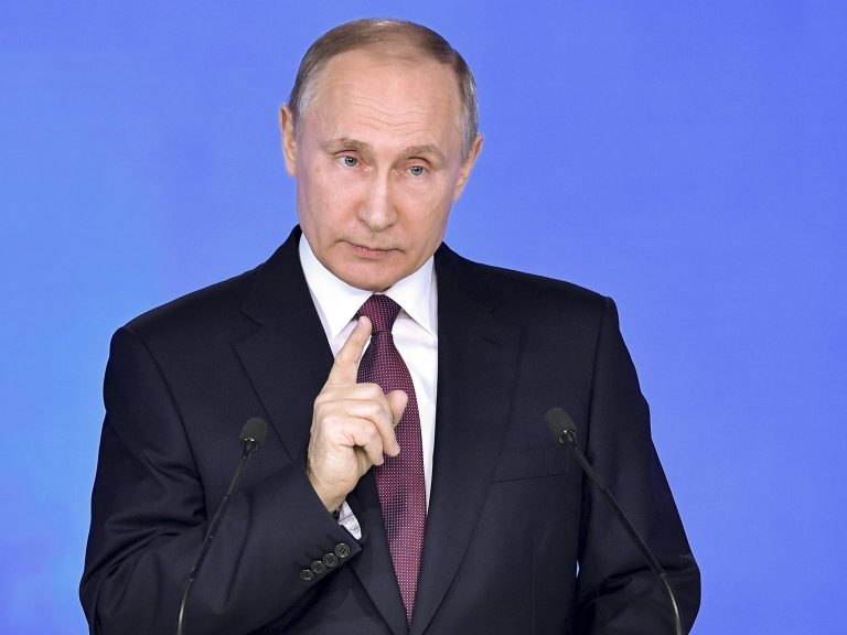Russian President Vladimir Putin gives his annual state of the nation address in Moscow on Thursday. (Alexei Nikolsky/AP)