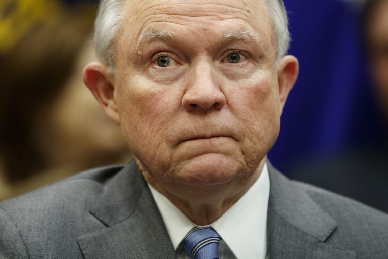 In this Feb. 22, 2018, photo, Attorney General Jeff Sessions listens during a meeting with President Trump at the White House.
(Evan Vucci/AP)