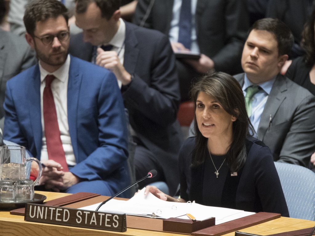 U.S. Ambassador to the United Nations Nikki Haley speaks during a Security Council meeting on the situation between Britain and Russia, on Wednesday. U.S. Ambassador to the United Nations Nikki Haley speaks during a Security Council meeting on the situation between Britain and Russia, on Wednesday. (Mary Altaffer/AP)