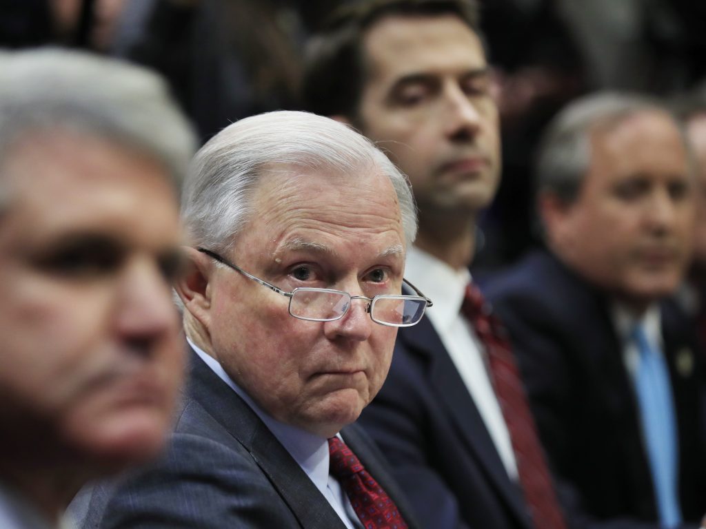 Attorney General Jeff Sessions at a roundtable meeting on sanctuary cities hosted by President Trump earlier this month. Attorney General Jeff Sessions at a roundtable meeting on sanctuary cities hosted by President Trump earlier this month.
(Manuel Balce Ceneta/AP)