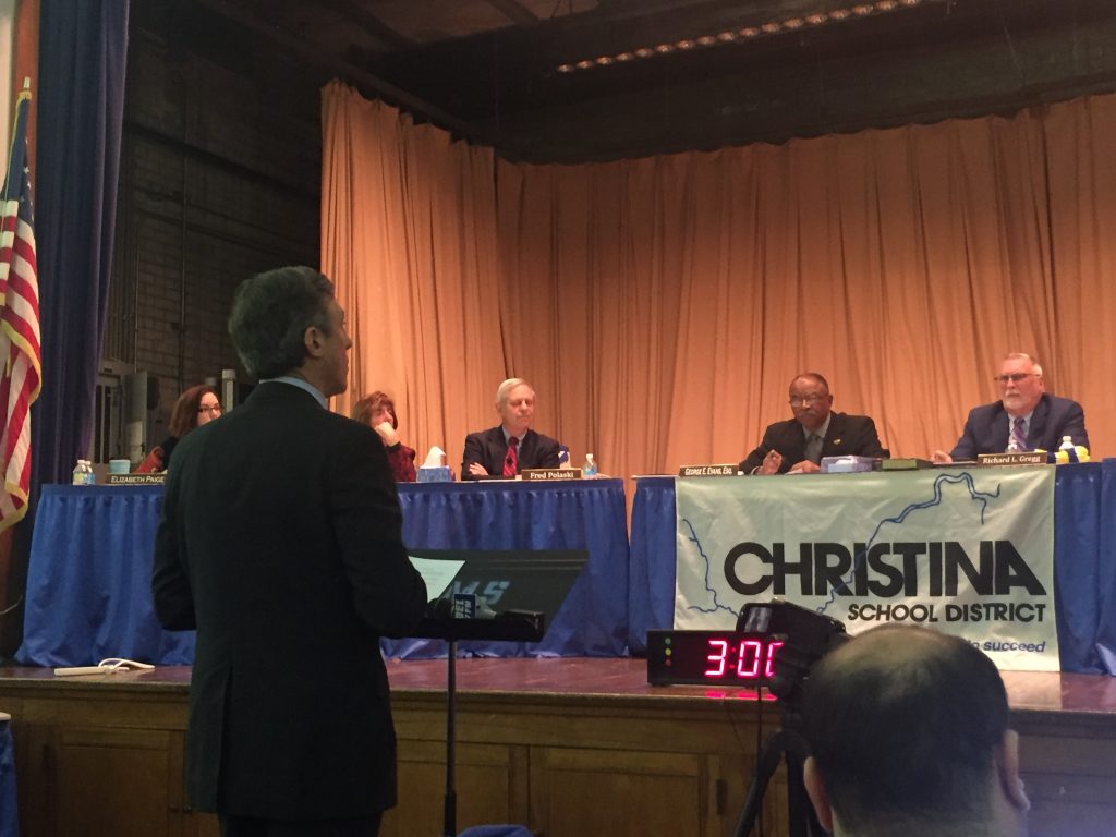 carney at christiana meeting Gov. John Carney appeared before the Christina School District board in February and made his pitch for approval of the partnership. The Memorandum of Understanding to consolidate five schools passed 4 to 2 with one abstention. (Cris Barrish/WHYY)