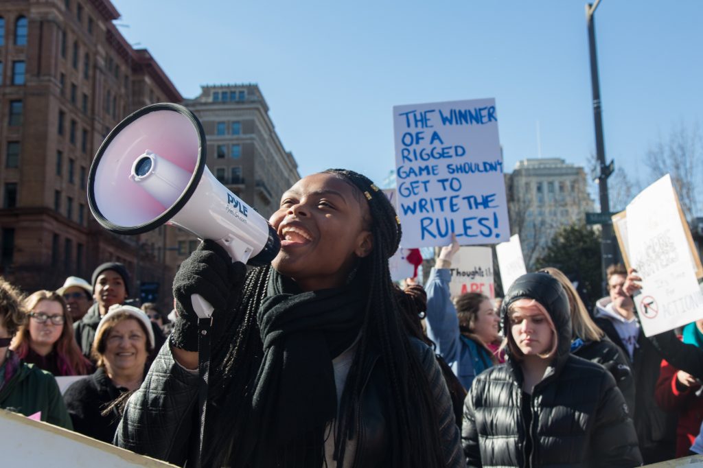 cohen_philly-march-for-our-lives-5 Princess Rahman, 18, leads chants at the beginning of the Philadelphia March for Our Lives, March 24, 2018. (Emily Cohen for WHYY)