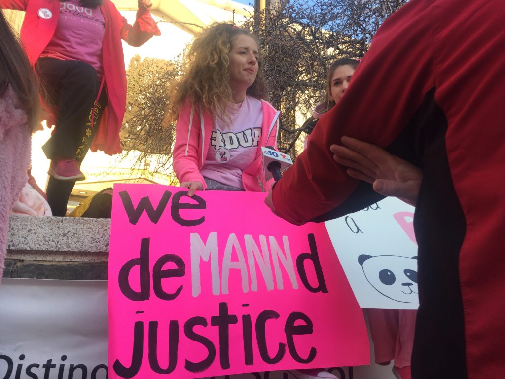 Padua protester Hundreds of Padua Academy's students protested Monday outside school, demanding ousted Principal Cindy Mann's reinstatement. (Cris Barrish/WHYY)