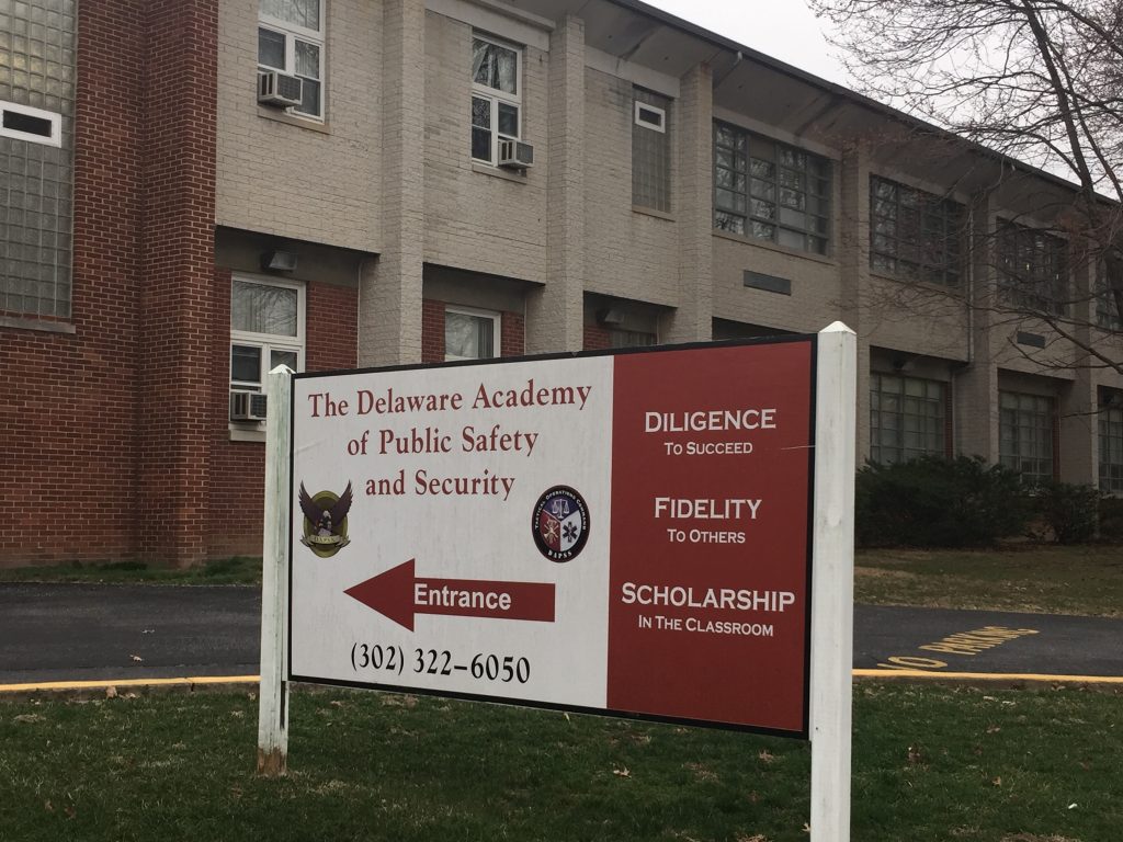 Delaware Academy for Public Safety and Security Delaware Academy for Public Safety and Security is under formal review by the state, but Colonial School District has offered a helpiing hand to help the school stay open. (Cris Barrish/WHYY)