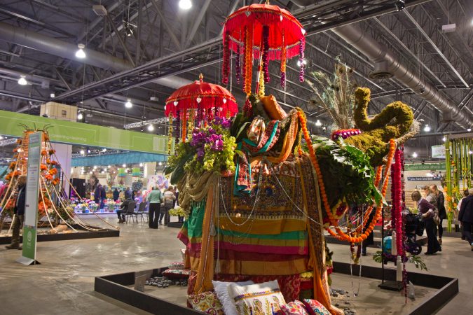 A topiary elephant with flowers from Oasis Floral Products in Kent, Ohio, at the 2018 Flower Show. (Kimberly Paynter/WHYY)