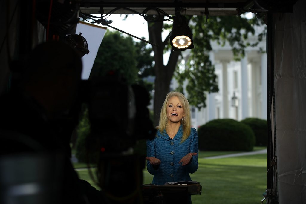 White House counselor Kellyanne Conway participates in an interview with CNN at the White House in May. Conway was reprimanded for mixing partisan politics with her official duties in TV interviews last fall. White House counselor Kellyanne Conway participates in an interview with CNN at the White House in May. Conway was reprimanded for mixing partisan politics with her official duties in TV interviews last fall. (Alex Wong/Getty Images)