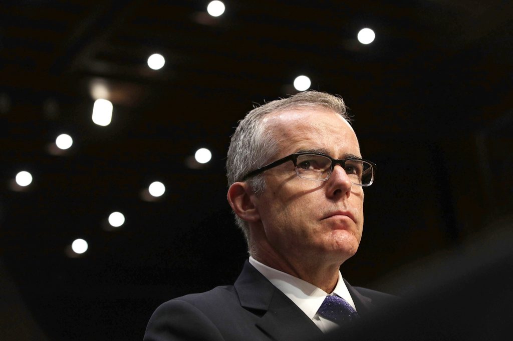 Then-Acting FBI Director Andrew McCabe testified before the Senate Intelligence Committee on Capitol Hill on May 11, 2017, soon after James Comey’s abrupt firing by President Trump. Then-Acting FBI Director Andrew McCabe testified before the Senate Intelligence Committee on Capitol Hill on May 11, 2017, soon after James Comey's abrupt firing by President Trump.