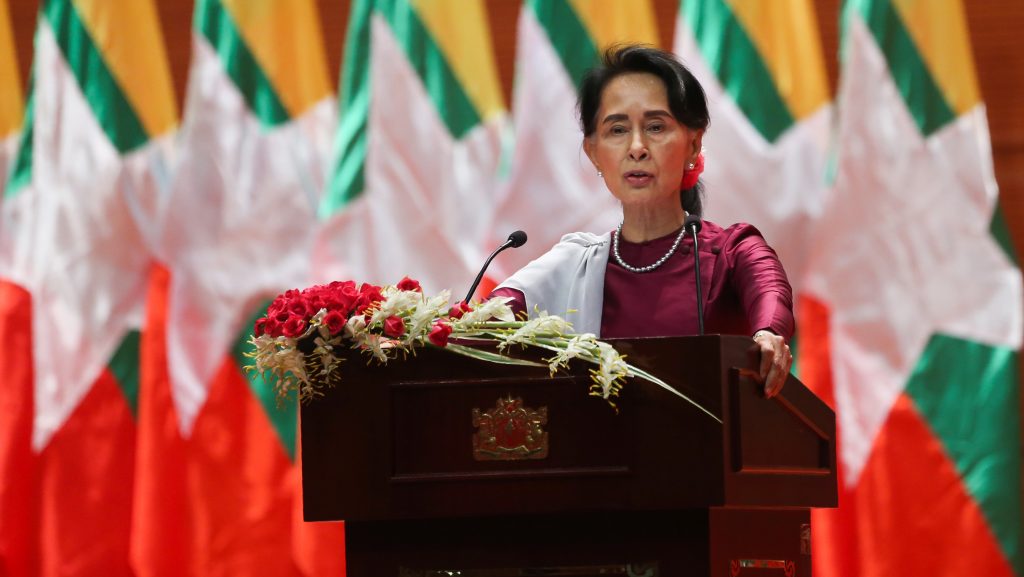 Myanmar State Counselor Aung San Suu Kyi, in a national address in September, said she felt deeply for the suffering of all people caught up in conflict scorching through Rakhine state — in her first comments that also mentioned Muslims displaced by violence. Myanmar State Counselor Aung San Suu Kyi, in a national address in September, said she felt deeply for the suffering of all people caught up in conflict scorching through Rakhine state — in her first comments that also mentioned Muslims displaced by violence. (Ye Aung Thu/AFP/Getty Images)
