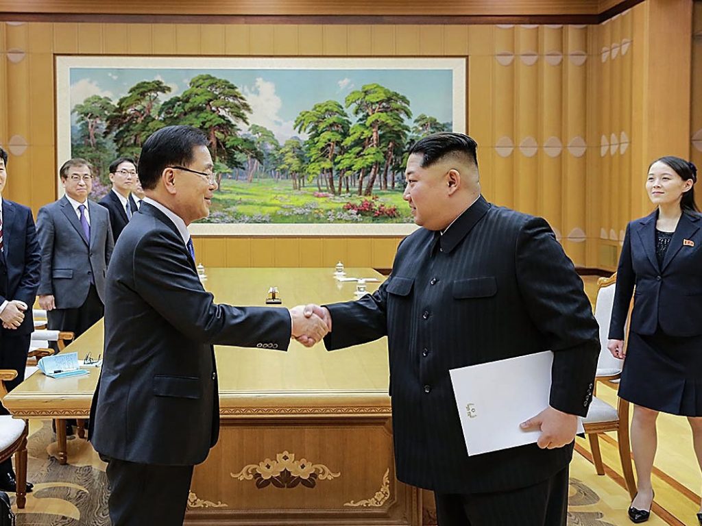 In this handout image provided by the South Korean Presidential Blue House, Chung Eui-Yong (left), head of the presidential National Security Office shakes hands with North Korean leader Kim Jong-Un during their meeting on Monday in Pyongyang. In this handout image provided by the South Korean Presidential Blue House, Chung Eui-Yong (left), head of the presidential National Security Office shakes hands with North Korean leader Kim Jong-Un during their meeting on Monday in Pyongyang.
(Handout/Getty Images)