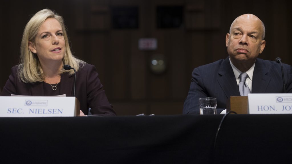 Secretary of Homeland Security Kirstjen Nielsen (left) and former Secretary of Homeland Security Jeh Johnson (right) testify about election security during a Senate intelligence committee hearing on Capitol Hill Wednesday. Secretary of Homeland Security Kirstjen Nielsen (left) and former Secretary of Homeland Security Jeh Johnson (right) testify about election security during a Senate intelligence committee hearing on Capitol Hill Wednesday. (Saul Loeb/AFP/Getty Images)