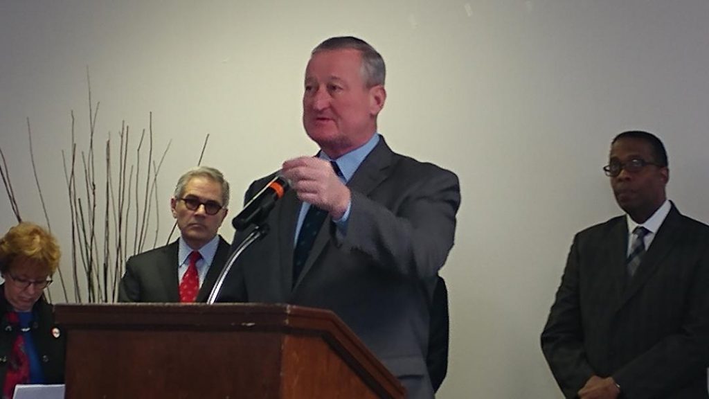 pad Philadelphia Mayor Jim Kenney announces the police-assisted diversion program Friday flanked by District Attorney Larry Krasner and Council President Darrell Clarke. (Tom MacDonald/ WHYY)