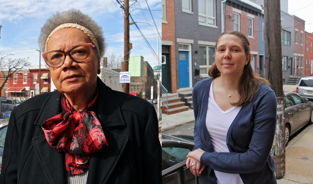 2018 03 12-e lee-claudia sherrod-philadelphia point breeze-gentr Claudia Sherrod (left) and Haley Dervinis (right) in front of their homes in Point Breeze.