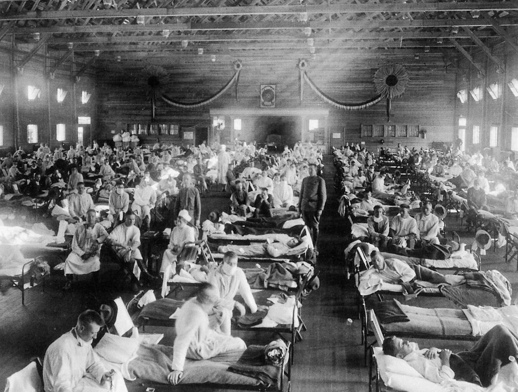 Patients at an Army ward in Kansas during the influenza epidemic of 1918. About 675,000 Americans died of the flu known as La Grippe. Patients at an Army ward in Kansas during the influenza epidemic of 1918. About 675,000 Americans died of the flu known as La Grippe. (NYPL/Science Source/Getty Images)
