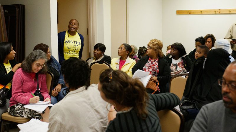 Wister principal Donna Smith defended her tenure as the school's leader at the October 2015 community meeting. (Bastiaan Slabbers for WHYY)