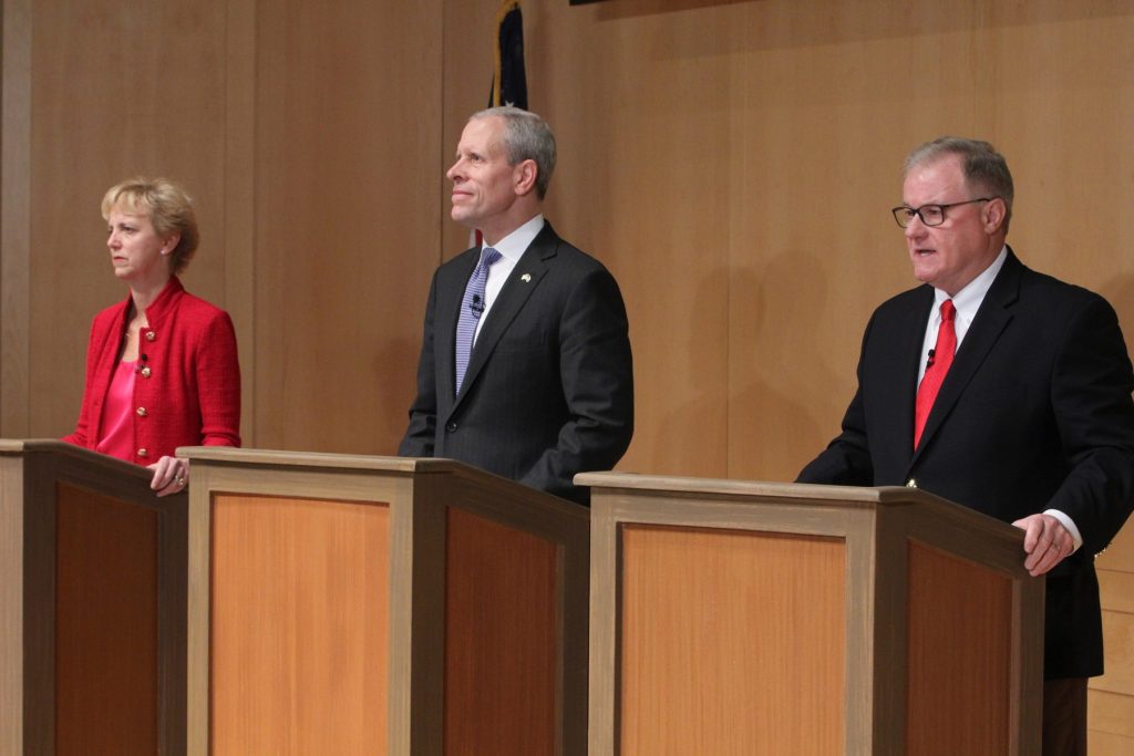 2018 03 06-e lee-laura ellsworth paul mango scott wagner-republican governor debate Republican candidates for governor of Pennsylvania (from left), Laura Ellsworth, Paul Mango, and Scott Wagner, participate in a debate at the National Constitution Center. (Emma Lee/WHYY)