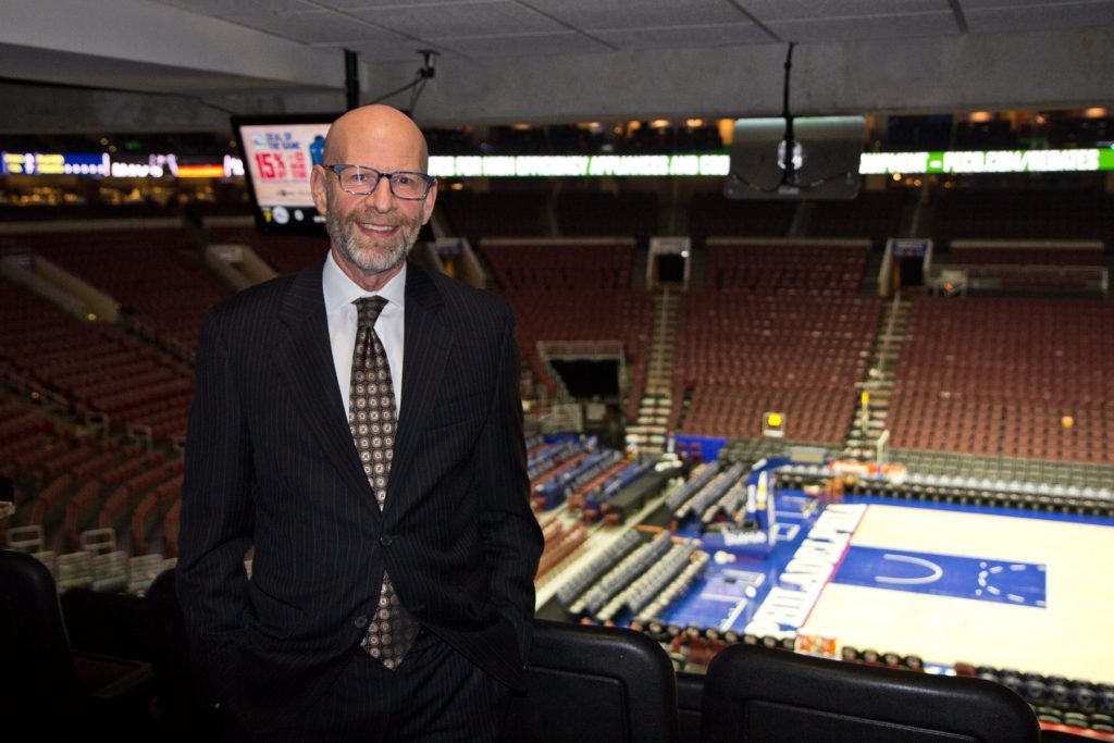 2018 03 26-k paynter-marc zumoff-philadelphia wells fargo center-sixers practice Marc Zumoff calls the play-by-plays for the 76ers. (Kimberly Paynter/WHYY)