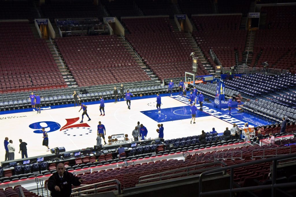 The 76ers practice at Wells Fargo Center in Philadelphia. (Kimberly Paynter/WHYY)