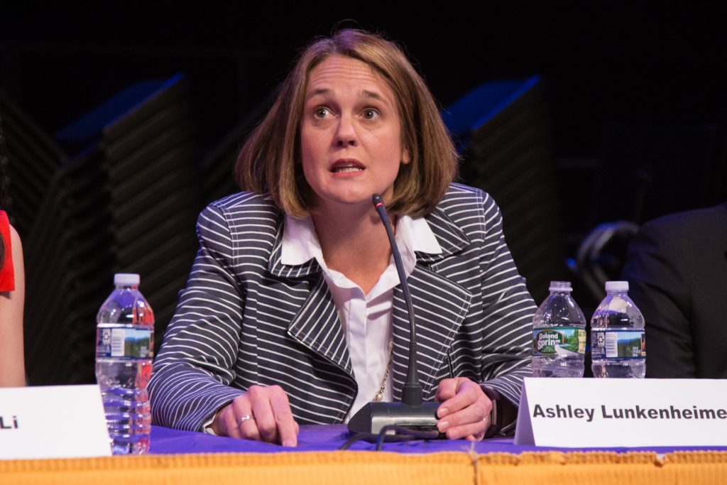 2018 04 04-e cohen-ashley lunkenheimer-upper darby high school-democrats debate 5th district congress Ashley Lunkenheimer is a former federal prosecutor and first-time candidate. (Emily Cohen for WHYY)