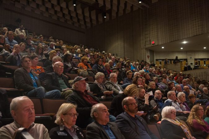 Constituents from the newly formed 5th Congressional District listen to a debate among 13 of the 14 Democratic candidates running for the congressional seat at Upper Darby High School. (Emily Cohen for WHYY)