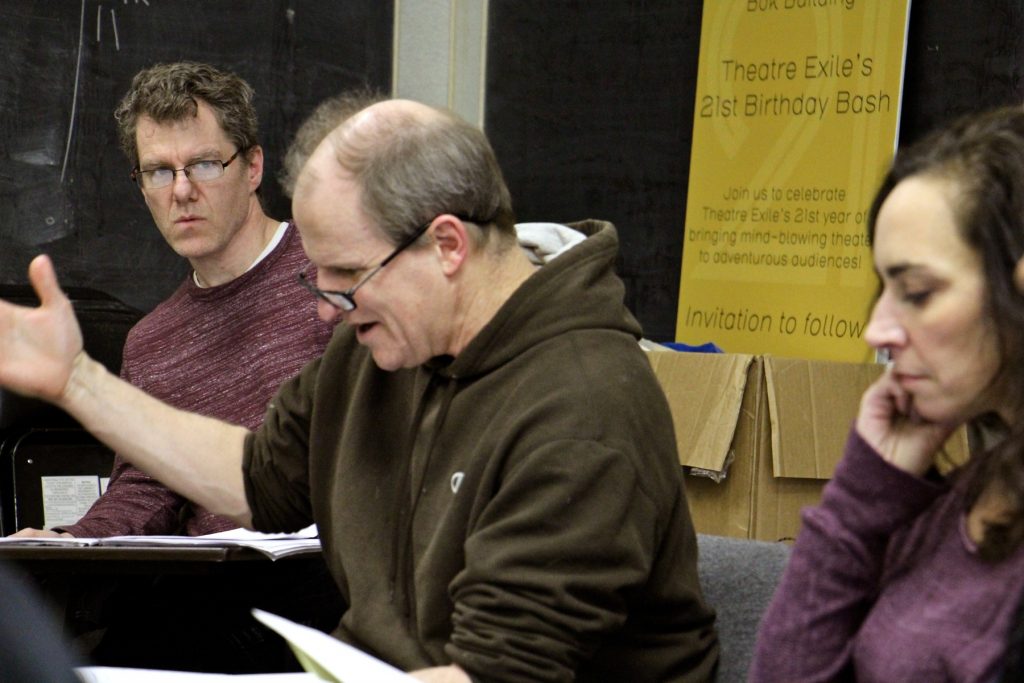 2018 04 04-e lee-michael hollinger-philadelphia theatre exile-sing the body electric Playwright Michael Hollinger (left) listens to a first read of a new script during rehearsal for his drama,