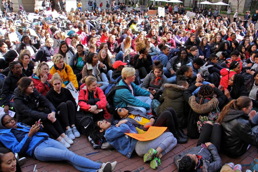 2018 04 20-e lee-philadelphia city hall-student gun violence protest High school students lie down in the City Hall courtyard for a die-in, part of a national day of protest against gun violence on the 19th anniversary of the Columbine school shooting.
