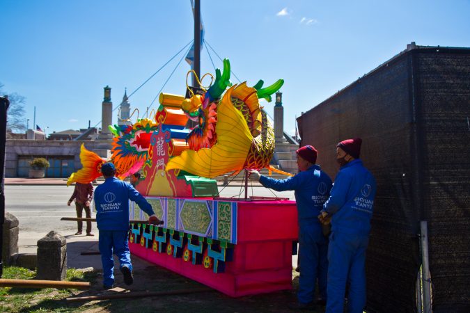 Twenty Chinese artisans spent a month creating the wire and silk structures, then painting them. (Kimberly Paynter/WHYY)