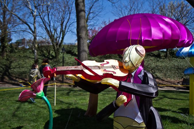Each year, 20 Chinese artisans create new lanterns for the festival using wire, silk and glue. (Kimberly Paynter/WHYY)