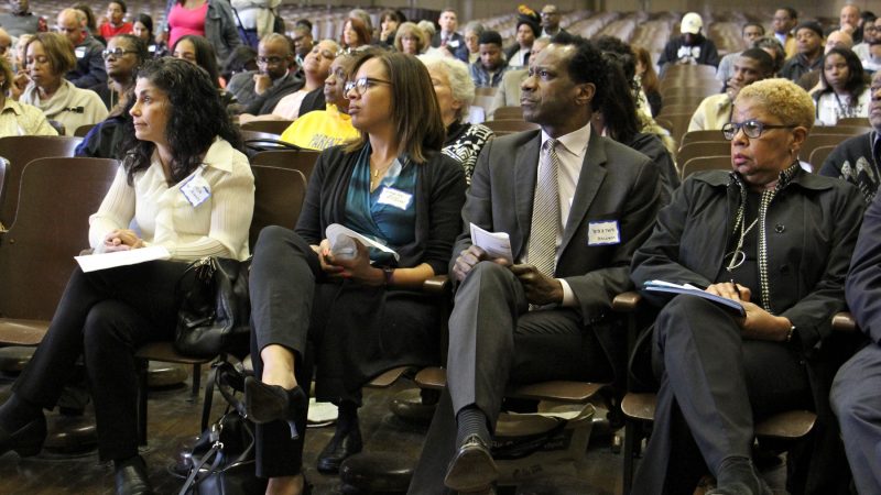 Philadelphia school board members (from left) Maria McColgan, Angela McIver, Wayne Walker, and Joyce Wilkerson, attend the first in a series of community meetings to introduce the public to the newly reconstituted board. (Emma Lee/WHYY)
