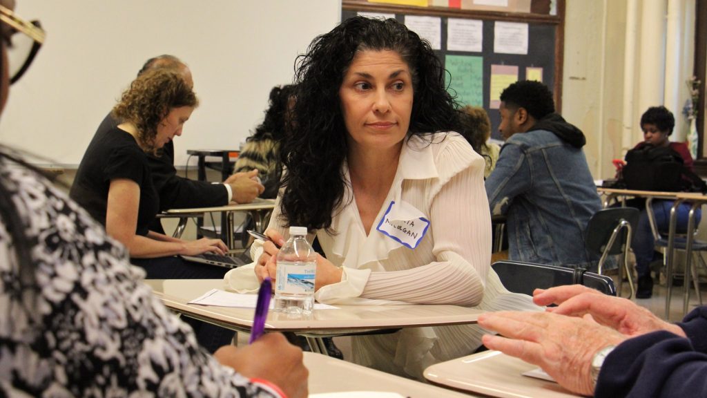 2018 04 25-e lee-maria mccolgan-dobbins technical-new school board listening session File photo: Philadelphia school board member Maria McColgan hears from community members during a listening session at Dobbins High School. (Emma Lee/WHYY)