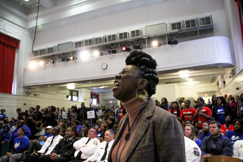 2018 04 30-e lee-dominique london-mastery shoemaker charter school-gun violence assembly Dominique London weeps as she calls out the names of students killed by gun violence during an assembly at Mastery Shoemaker charter school.